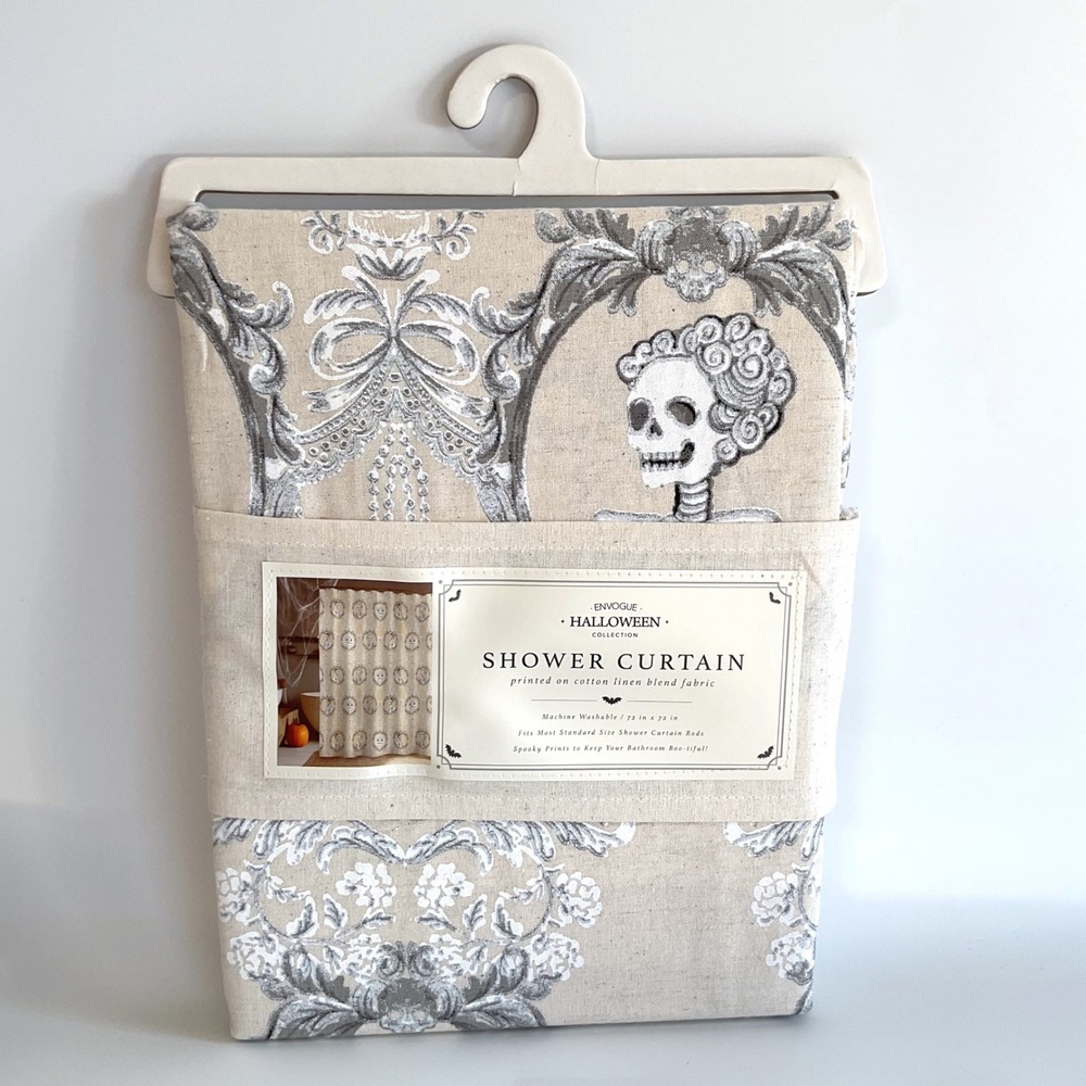 Envogue Halloween Skeleton Pumpkin Damask Cotton Linen Shower Curtain 72x72  NEW